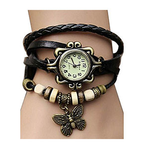 Fashion Black Quartz Leather Bracelet Watch with Butterfly Pendant